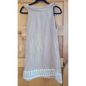 Italian 100% Linen Soft Brown Mini Dress Boat Neck SMALL Quiet Luxury Minimalist